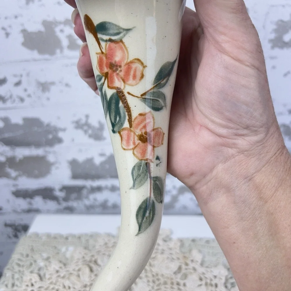 Kovack Pottery Seagrove NC Horn Wall Pocket Vase Vtg 1995 Peach Flowers - Picture 6 of 9